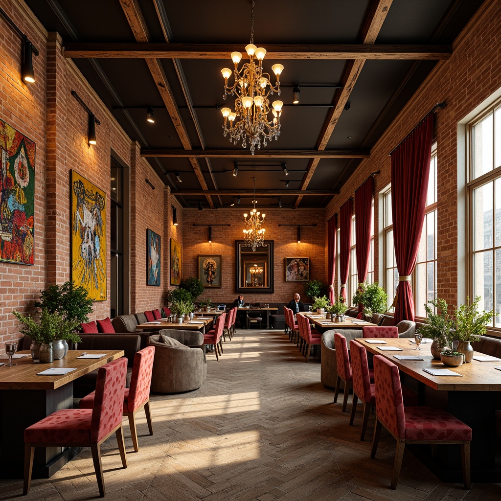 Prompt: Eclectic dining hall, vintage chandeliers, industrial pendant lights, rustic wooden tables, mismatched chairs, colorful tapestries, abstract artwork, rich velvet drapes, distressed brick walls, reclaimed wood floors, warm golden lighting, soft shadows, 1/1 composition, realistic textures, ambient occlusion.