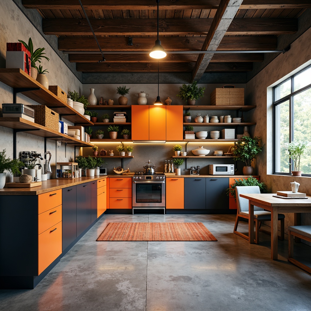 Prompt: Cozy family garage, modern storage systems, sleek metal shelving, rustic wood cabinets, vibrant color accents, industrial-style lighting, concrete floors, epoxy-coated surfaces, overhead storage racks, adjustable shelving units, customizable organizational solutions, labeled bins and baskets, soft warm lighting, 1/1 composition, shallow depth of field, realistic textures.