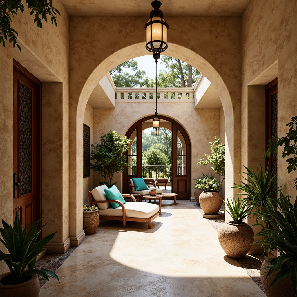 Prompt: Warm Mediterranean interior, archway entrance, rustic stone walls, creamy marble floors, ornate wooden doors, wrought iron railings, soft warm lighting, cozy nooks, plush furnishings, natural textiles, vibrant turquoise accents, lush greenery, potted plants, elegant chandeliers, refined decorative trim, classic columns, sophisticated color palette, shallow depth of field, 3/4 composition, realistic textures, ambient occlusion.