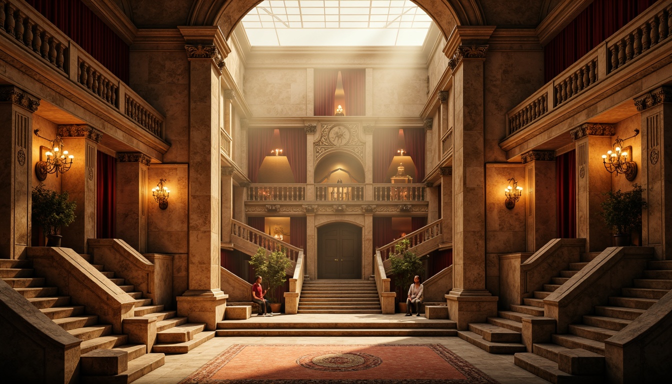 Prompt: Renaissance amphitheater, ancient stone architecture, warm golden lighting, soft ambient glow, ornate details, intricate carvings, grand staircases, luxurious velvet curtains, rich wood tones, majestic chandeliers, subtle spotlighting, dramatic shadowing, 1/2 composition, low-angle shot, atmospheric fog effects, realistic texture rendering.