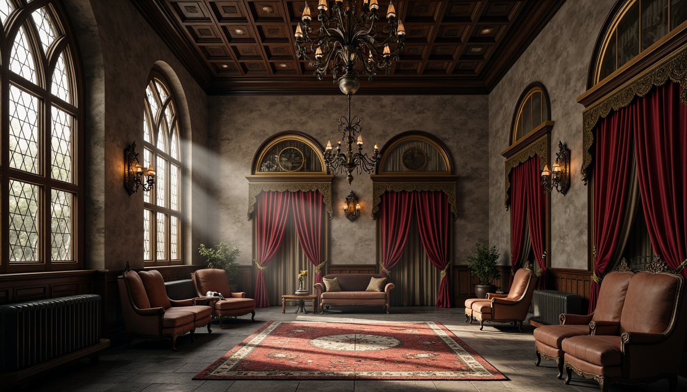 Prompt: Weathered stone walls, ornate wooden panels, rich velvet drapes, intricate ironwork details, grandiose chandeliers, mystical stained glass windows, dramatic archways, lavish furnishings, opulent fabrics, mysterious ambiance, low-key warm lighting, atmospheric fog effects, cinematic composition, high-contrast ratios, detailed architectural elements, Baroque-inspired patterns, mystical symbolism, ancient mysticism, eerie silence, abandoned atmosphere, decrepit walls, worn stone floors.