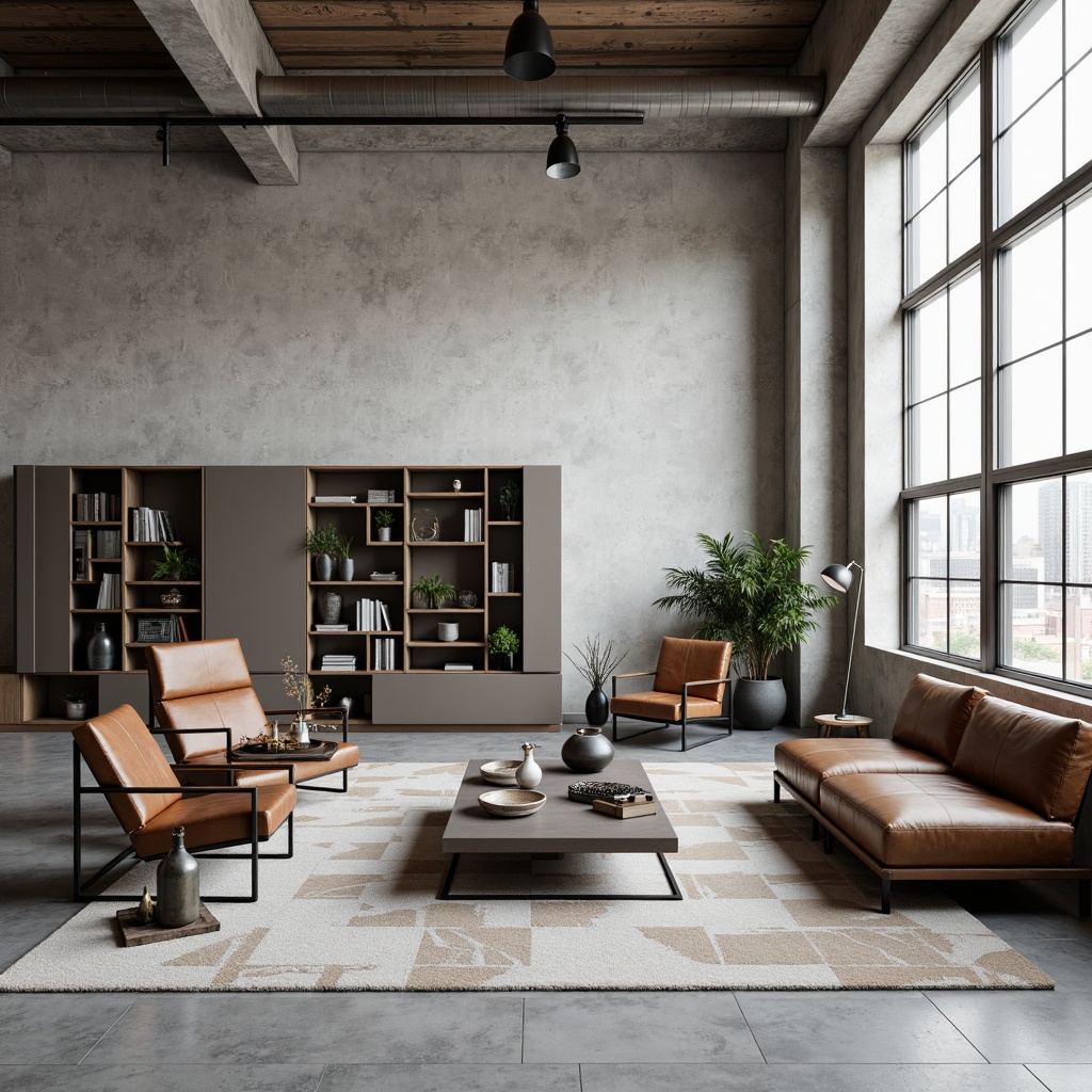 Prompt: Minimalist living room, functional furniture pieces, tubular steel frames, leather cushions, geometric patterns, monochromatic color scheme, industrial materials, metal coffee tables, sleek wooden chairs, adjustable lamps, minimalist decor, clean lines, rectangular shapes, functional storage units, modernist architecture, urban loft setting, natural light pouring in, high ceilings, concrete floors, subtle textures, 1/1 composition, realistic rendering, ambient lighting.