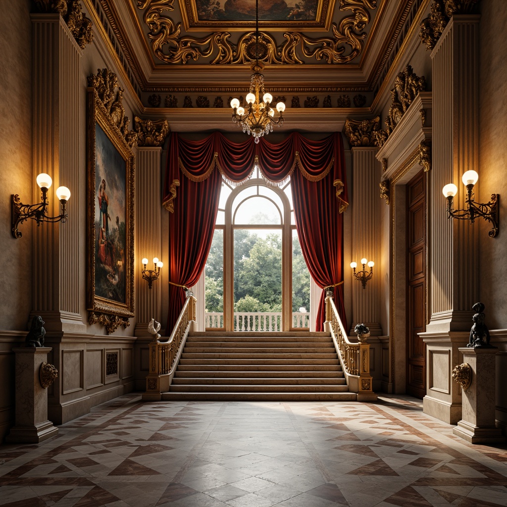 Prompt: Ornate museum entrance, grand staircase, marble floors, intricate moldings, Baroque-inspired ceilings, lavish chandeliers, ornamental frescoes, rich velvet drapes, gilded frames, Renaissance-style sculptures, soft warm lighting, subtle shadows, high contrast ratio, dramatic spotlighting, 1/2 composition, symmetrical framing, realistic textures, ambient occlusion, elegant typography, classic color palette.