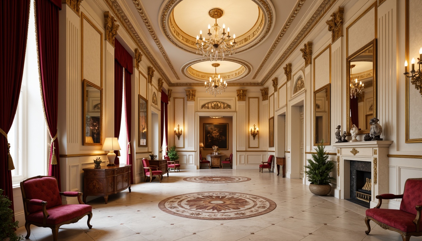 Prompt: Elegant neoclassical interior, rich velvet fabrics, ornate gold accents, creamy marble surfaces, soft warm beige tones, luxurious jewel-toned colors, intricate moldings, refined wood paneling, subtle ornateness, crystal chandeliers, grandiose proportions, symmetrical compositions, classicist details, lavish textures, ambient warm lighting, shallow depth of field, 1/1 composition, realistic reflections, ornate mirror frames.