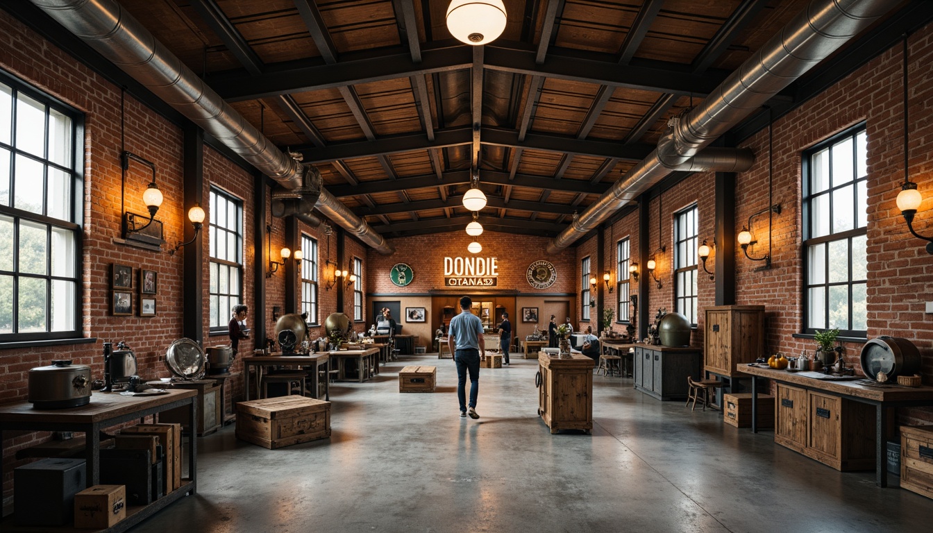 Prompt: Vintage industrial warehouse, exposed brick walls, metal beams, reclaimed wood accents, distressed finishes, rustic lighting fixtures, metal shades, Edison bulbs, industrial-style signage, concrete floors, metal railings, worn wooden crates, retro machinery, nostalgic props, warm color palette, soft natural light, shallow depth of field, 1/1 composition, realistic textures, ambient occlusion.