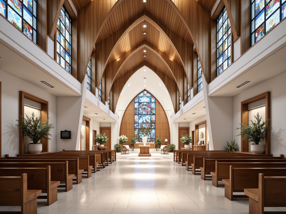 Prompt: Streamlined modern church, minimalist architecture, clean lines, white marble floors, stained glass windows, ornate metalwork, intricate wood carvings, lavish chandeliers, vibrant colorful murals, geometric patterns, abstract sculptures, soft warm lighting, dramatic spotlights, shallow depth of field, 1/1 composition, symmetrical framing, realistic textures, ambient occlusion.