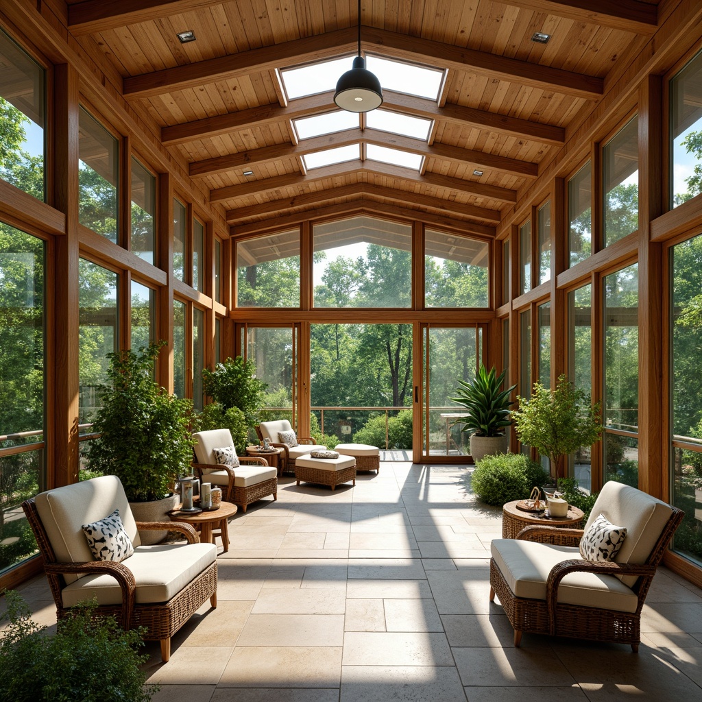 Prompt: Spacious mid-century modern sunroom, floor-to-ceiling windows, sliding glass doors, natural stone flooring, wooden ceiling beams, lush greenery, vibrant plants, comfortable wicker furniture, soft cushions, warm earthy tones, abundant natural light, clerestory windows, skylights, solar tubes, bright airy atmosphere, subtle shading, minimal ornamentation, organic textures, warm color palette, cozy reading nooks, peaceful ambiance, serene surroundings, panoramic views, realistic lighting, shallow depth of field, 1/2 composition.