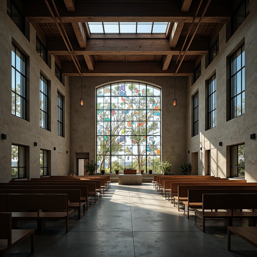 Prompt: Minimalist church interior, open spatial layout, abstract stained glass windows, geometric patterns, industrial materials, steel beams, concrete floors, functional simplicity, sparse ornamentation, rectangular forms, asymmetrical compositions, dramatic lighting effects, high ceilings, clerestory windows, brutalist architecture, sacred ambiance, contemplative atmosphere, subtle color palette, natural textures, bold typography, spiritual symbolism.