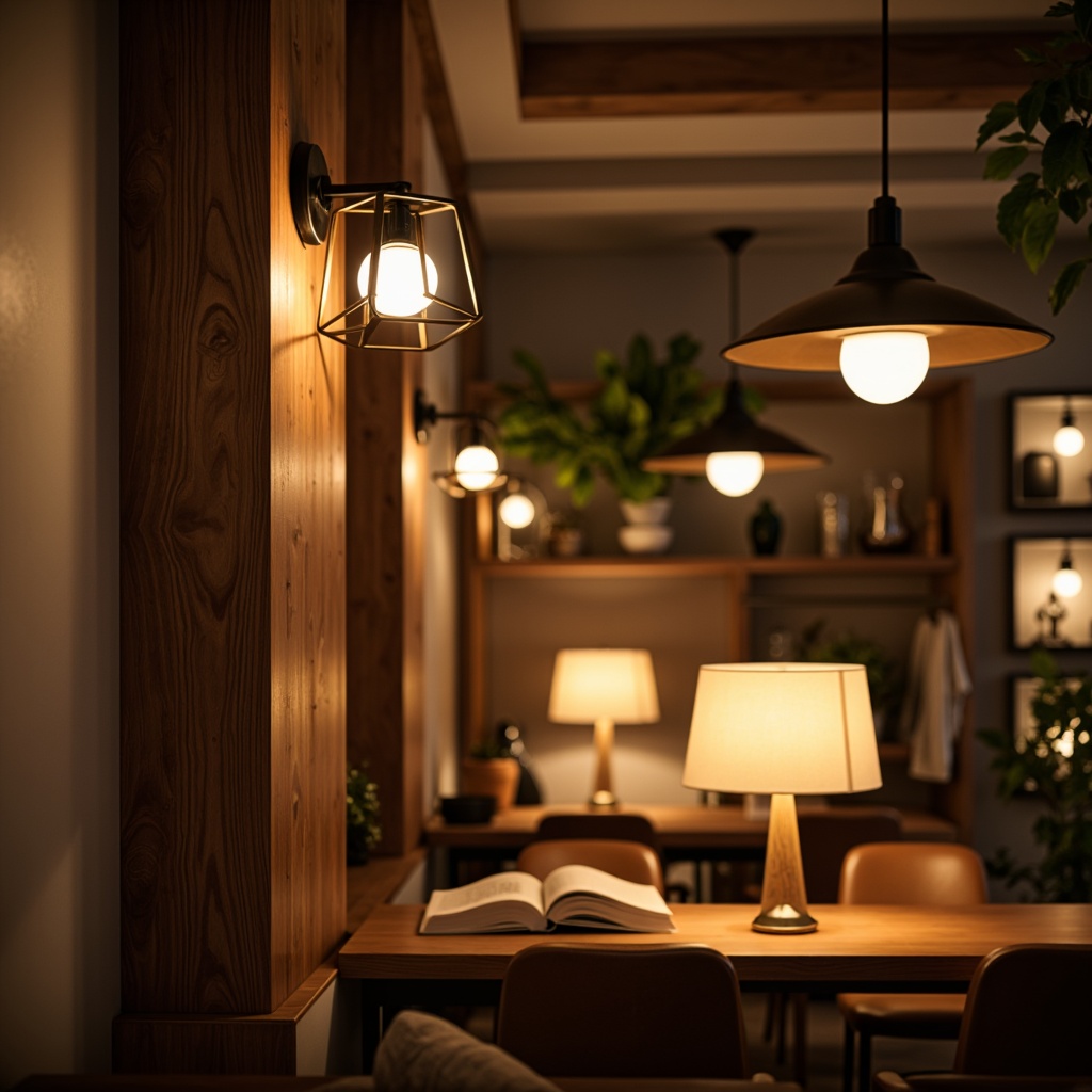 Prompt: Mid-century modern interior, warm ambient lighting, sleek metal sconces, geometric pendant lamps, minimalist table lamps, natural linen shades, walnut wood accents, retro-inspired fixtures, rounded shapes, soft warm glow, cozy atmosphere, 1/1 composition, shallow depth of field, realistic textures, ambient occlusion.