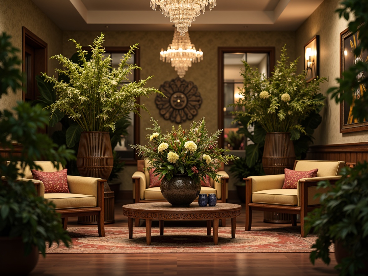 Prompt: Ornate vases, lush greenery, vibrant flowers, elegant chandeliers, luxurious fabrics, patterned rugs, decorative mirrors, metallic accents, crystal decorations, artistic sculptures, warm ambient lighting, shallow depth of field, 1/1 composition, realistic textures, soft focus, subtle color palette.