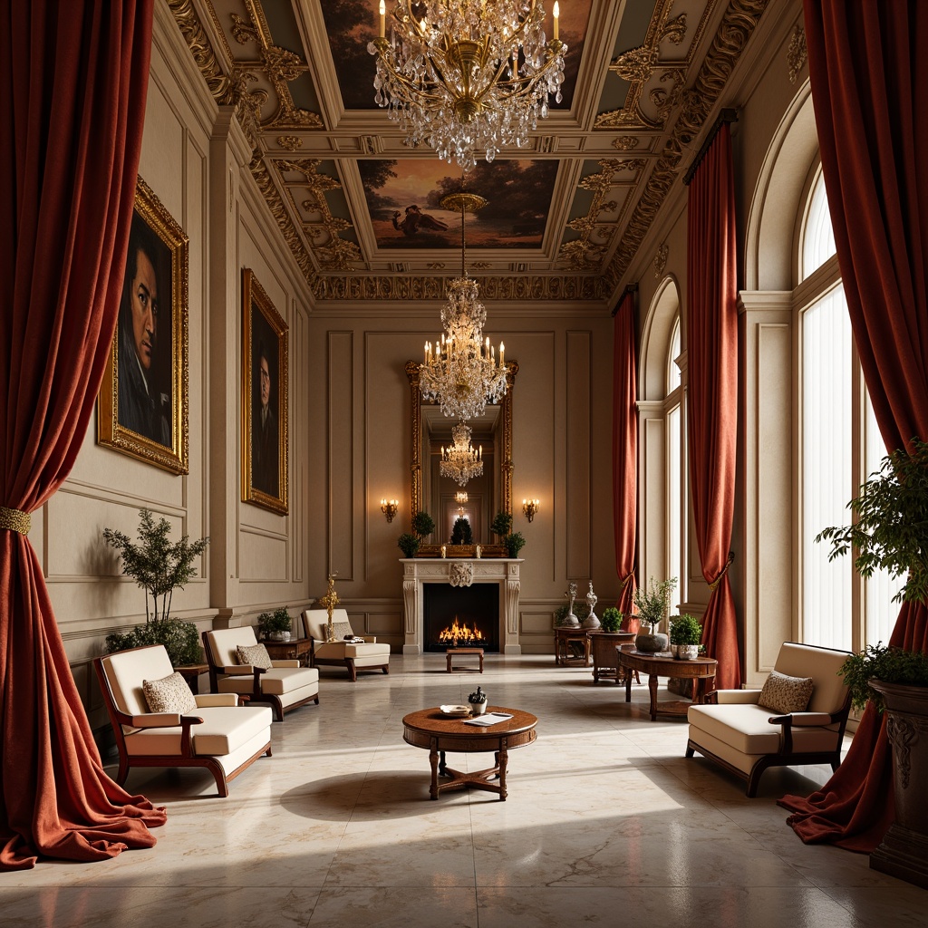 Prompt: Rich velvet drapes, ornate gold frames, lavish crystal chandeliers, marble flooring, intricate fresco ceilings, warm beige walls, luxurious satin fabrics, antique wooden furniture, subtle damask patterns, soft warm lighting, shallow depth of field, 2/3 composition, realistic textures, ambient occlusion, Renaissance-inspired architectural details, classical column arrangements, elegant archways, sophisticated color palette, muted earth tones, rich jewel-toned accents.