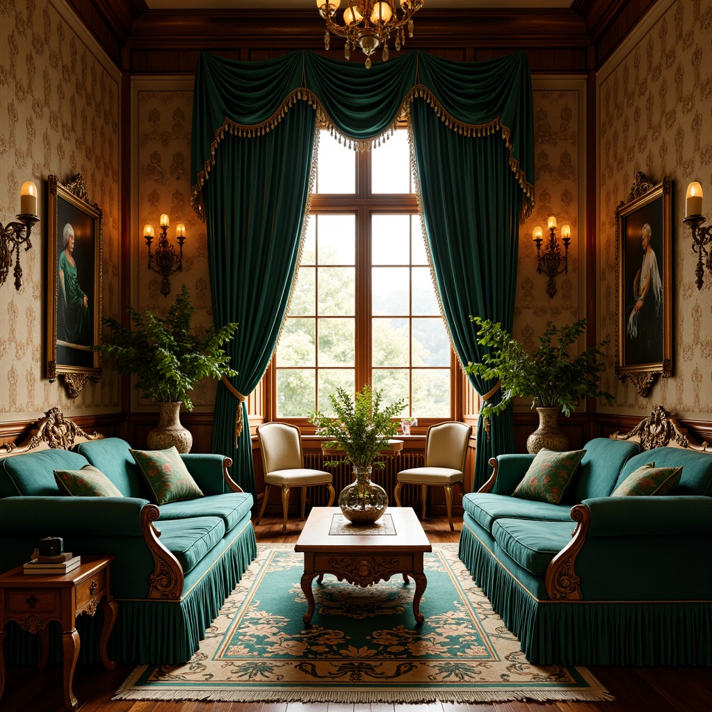 Prompt: Rich velvet drapes, ornate wooden furniture, intricately carved armchairs, plush teal sofas, antique vases, elegant lace curtains, warm golden lighting, lavish floral patterns, luxurious silk fabrics, regal emerald green accents, vintage rugs, opulent tassel trim, classic 3/4 composition, soft focus, warm afternoon sunlight, inviting atmosphere.