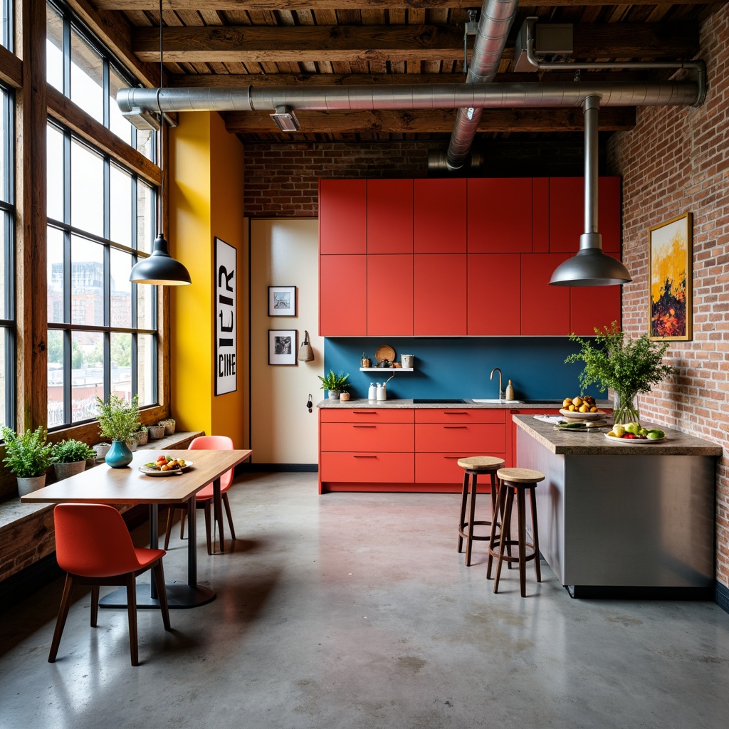 Prompt: Vibrant kitchen interior, bold color palette, geometric shapes, industrial materials, metal accents, functional minimalist design, sleek cabinetry, modernist influences, primary colors, bold typography, graphic patterns, abstract artwork, urban loft atmosphere, natural light, soft shadows, 3/4 composition, realistic textures, ambient occlusion.