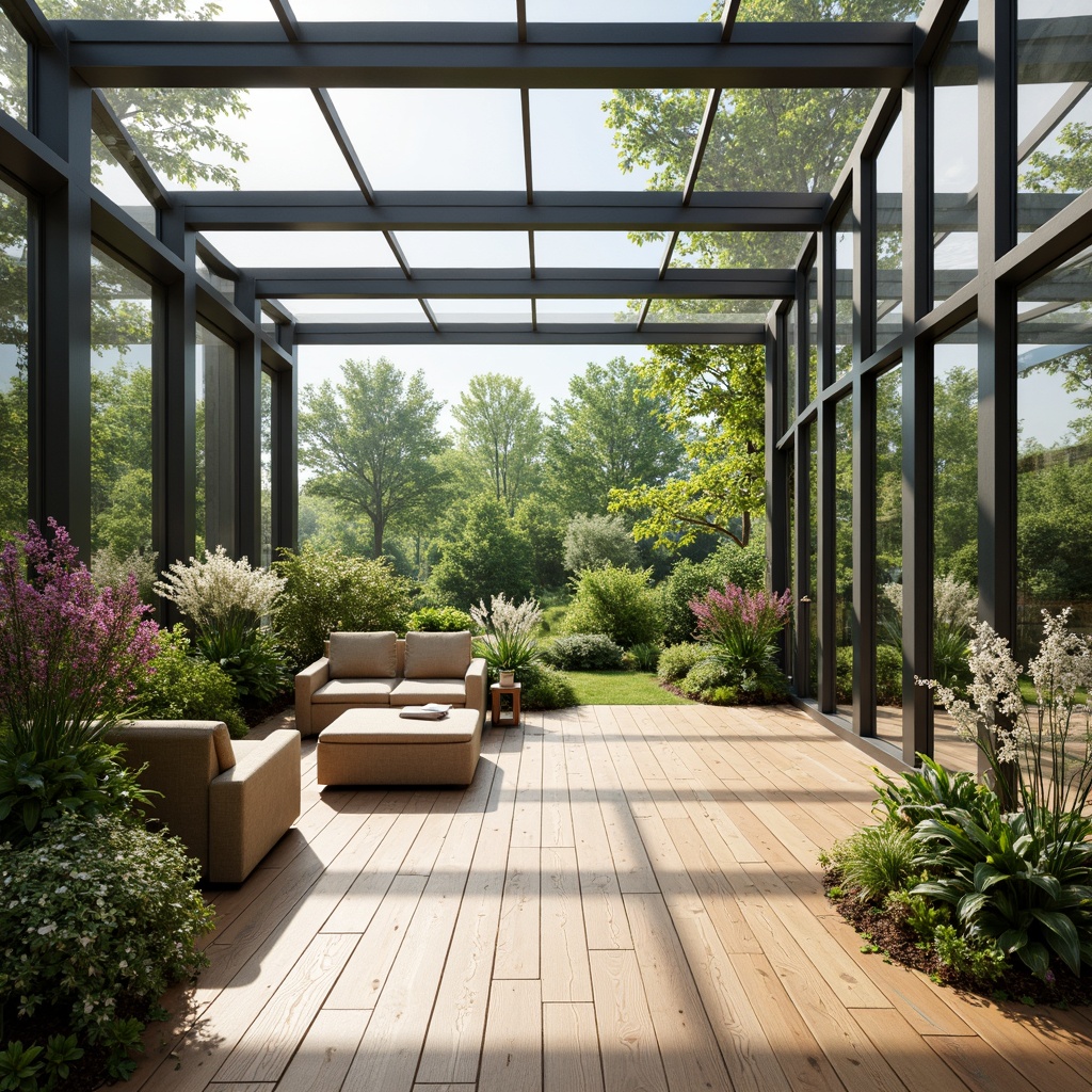 Prompt: Vibrant sunroom interior, floor-to-ceiling glass windows, sliding glass doors, panoramic views, natural light influx, warm wooden floors, comfortable seating areas, lush greenery, blooming flowers, modern minimalist decor, sleek metal frames, energy-efficient glazing, solar shading devices, automated window systems, soft diffused lighting, 1/1 composition, shallow depth of field, realistic textures, ambient occlusion.