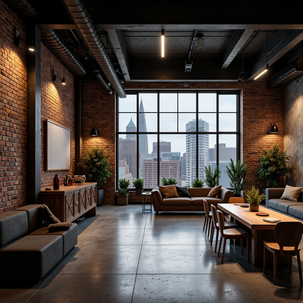 Prompt: Exposed brick walls, metal beams, polished concrete floors, reclaimed wood accents, industrial-style lighting fixtures, minimalist decor, functional furniture, urban cityscape views, moody atmospheric lighting, shallow depth of field, 1/1 composition, gritty textures, realistic ambient occlusion.