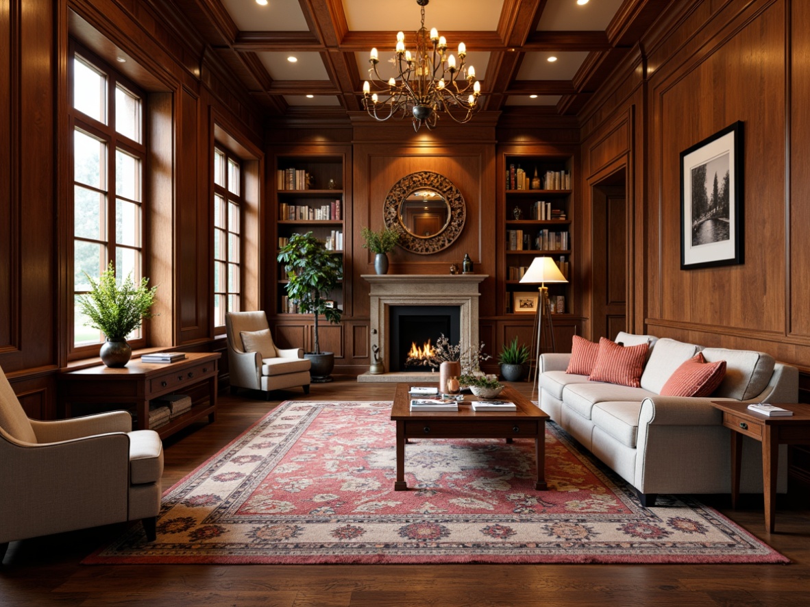 Prompt: Traditional academic home, warm earthy tones, rich wood paneling, ornate moldings, decorative trims, classic furnishings, plush area rugs, comfortable reading nooks, built-in bookshelves, elegant chandeliers, sophisticated color palette, natural stone fireplaces, solid hardwood floors, luxurious fabrics, refined textures, soft warm lighting, 1/1 composition, shallow depth of field, realistic renderings.