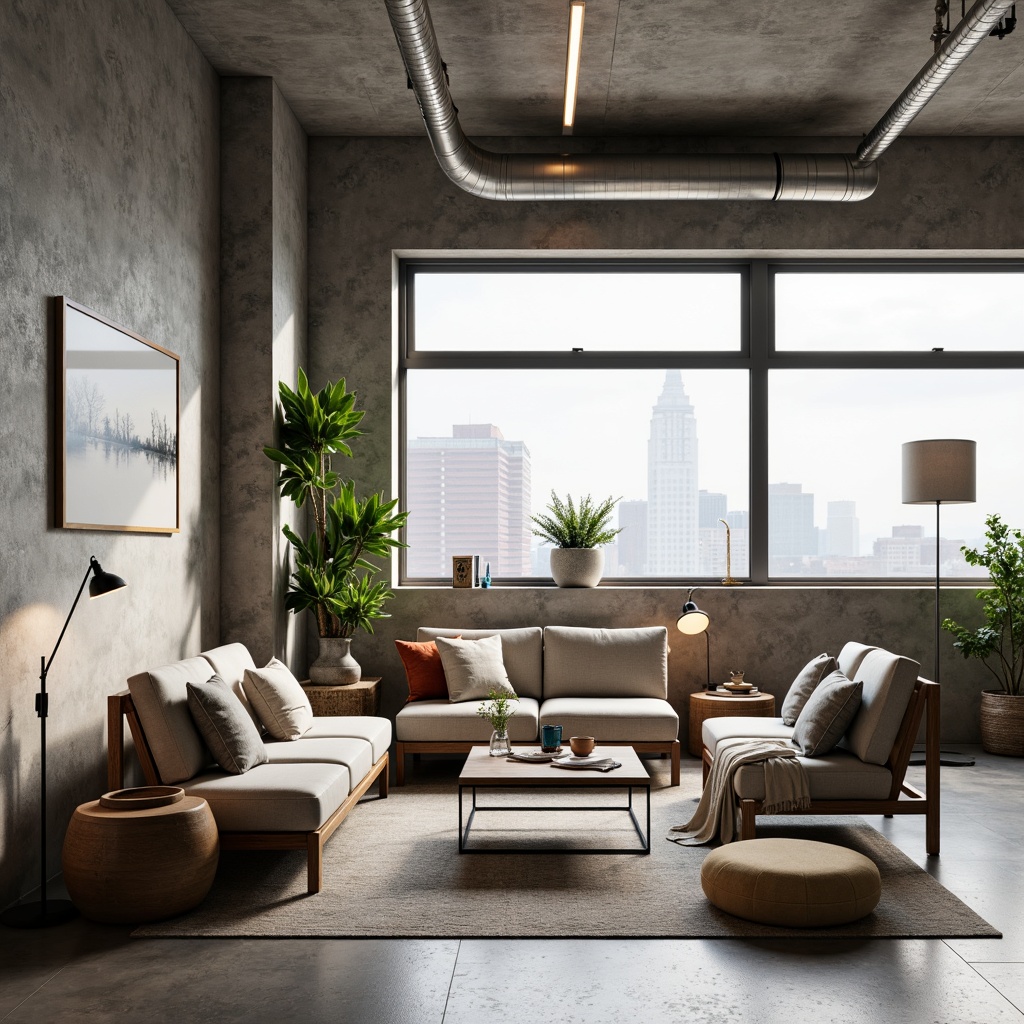 Prompt: Simple living room, minimalist decor, functional furniture, comfortable seating, soft cushions, wooden coffee table, sleek metal legs, neutral color palette, plenty of natural light, large windows, urban loft atmosphere, industrial-chic concrete walls, cozy throw blankets, modern floor lamps, subtle texture variations, 1/1 composition, softbox lighting, realistic material reflections.