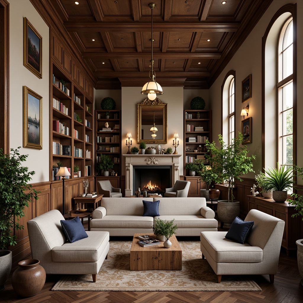 Prompt: Rich wood tones, warm beige walls, soft cream accents, muted greenery, elegant navy blue, subtle gold hardware, classic leather-bound tomes, traditional ornate furniture, sophisticated pendant lighting, refined herringbone flooring, rustic stone fireplaces, cozy reading nooks, dramatic high ceilings, stately columns, intellectual atmosphere, soft natural light, 1/1 composition, realistic textures, ambient occlusion.