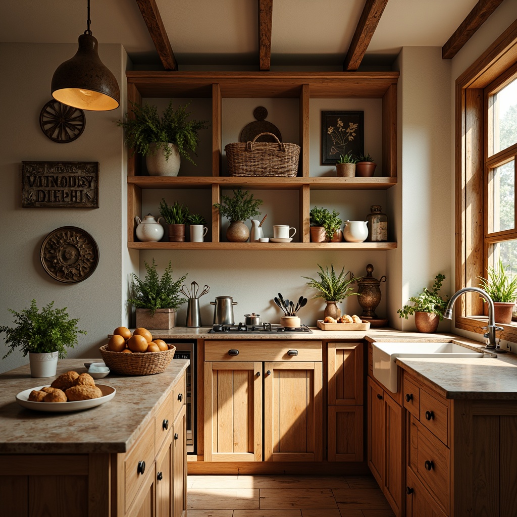 Prompt: Cozy kitchen pantry, warm wooden shelves, vintage-inspired wall art, rustic metal decorations, distressed finishes, earthy color palette, soft natural lighting, intimate atmosphere, ornate ceramic jars, woven baskets, potted herbs, decorative spice racks, antique kitchen utensils, worn wood countertops, warm beige walls, gentle shadows, 1/1 composition, realistic textures, subtle ambient occlusion.