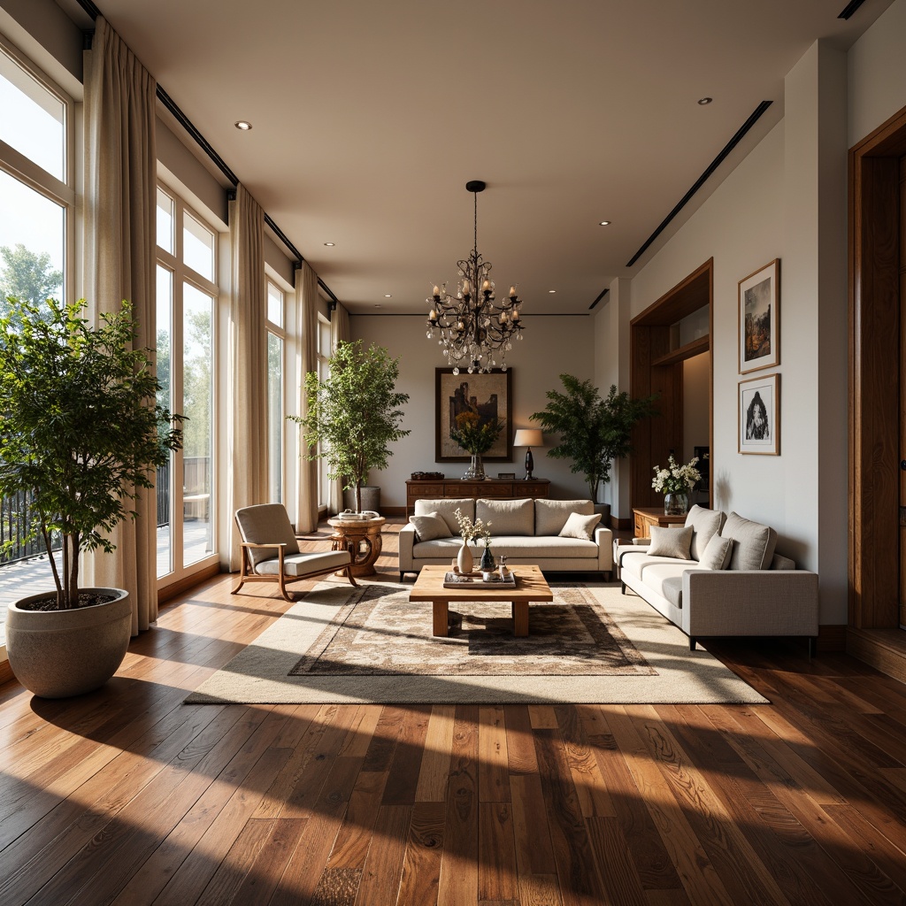 Prompt: Luxurious living room, hardwood flooring, rich walnut tone, glossy finish, comfortable seating area, warm cozy atmosphere, natural light pouring in, large windows, soft curtain drapes, elegant chandelier lighting, 3/4 composition, shallow depth of field, realistic textures, ambient occlusion.