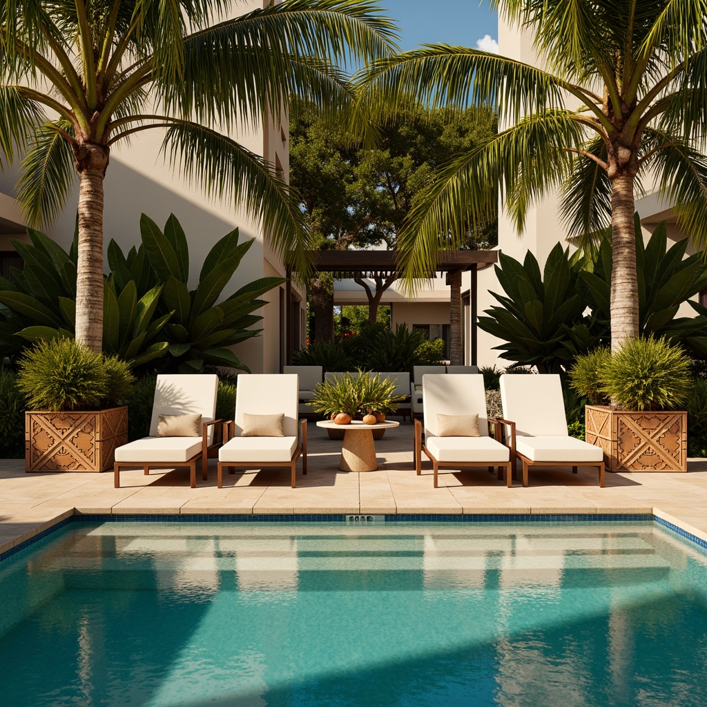 Prompt: Luxurious poolside lounge chairs, curved metallic frames, velvet cushions, ornate wooden tables, inlaid mosaic patterns, geometric-shaped planters, tropical palm trees, vibrant turquoise water, sunny afternoon, warm golden lighting, dramatic shadows, 1/2 composition, symmetrical framing, high-contrast color palette, glamorous ambiance.