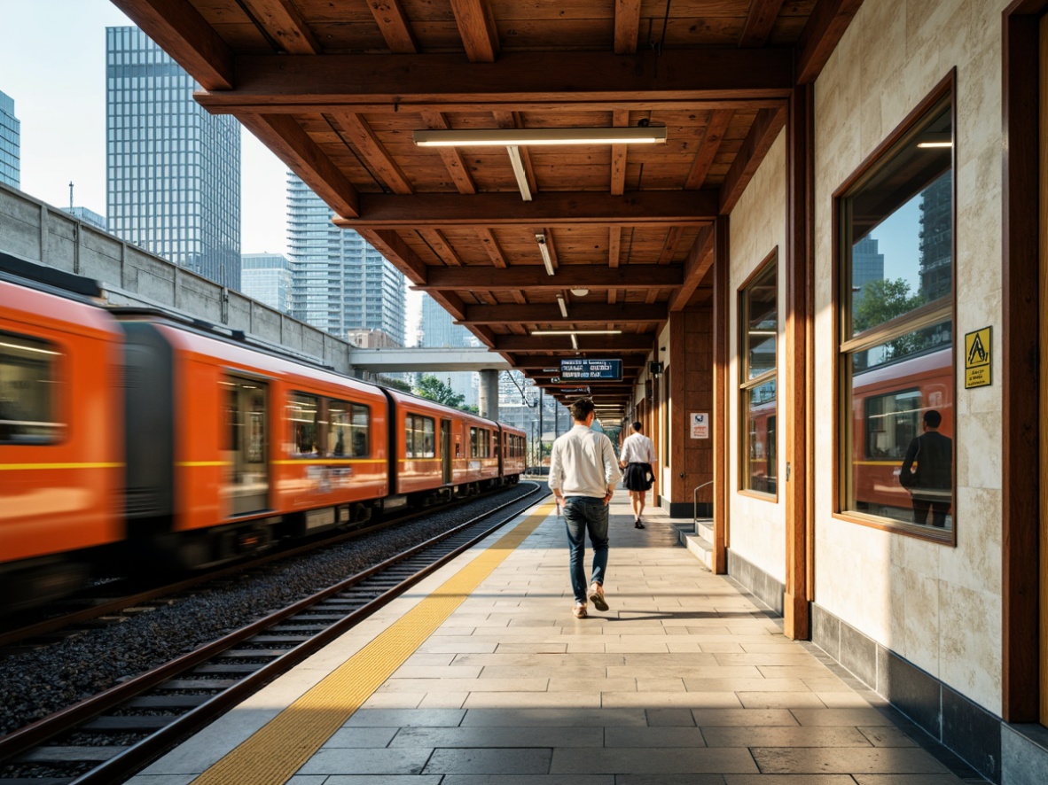 Prompt: Vibrant retro train stations, bold color accents, warm wooden tones, geometric patterns, sleek metal fixtures, large glass windows, natural stone flooring, minimalist design, functional lighting, elevated platforms, urban cityscape, busy morning commute, soft warm glow, shallow depth of field, 1/1 composition, realistic textures, ambient occlusion.