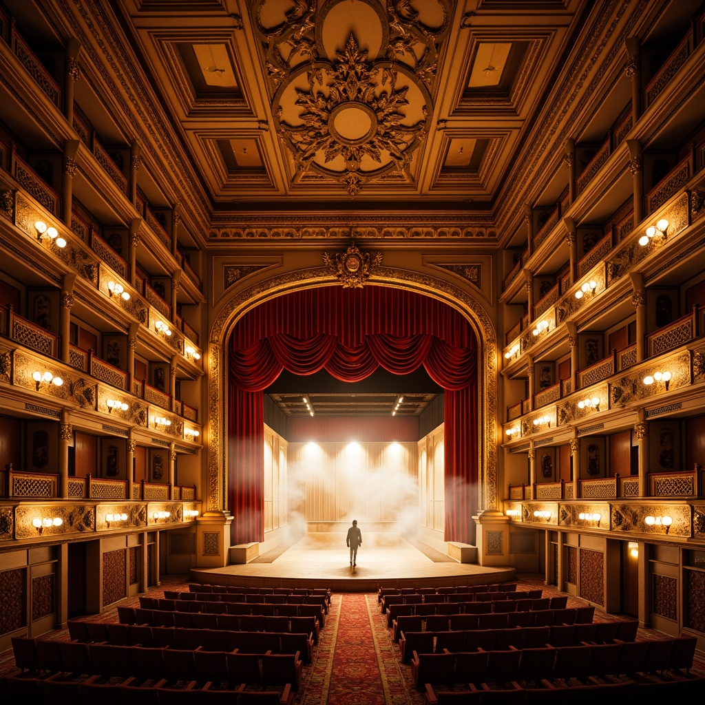 Prompt: Ornate traditional theater, golden accents, red velvet curtains, intricately carved wooden panels, ornamental balconies, crystal chandeliers, plush seating areas, grand stage with proscenium arch, richly textured fabrics, warm golden lighting, soft focus spotlighting, 2/3 composition, symmetrical framing, atmospheric smoke effects, realistic crowd simulation, detailed set dressing, cultural heritage-inspired motifs.