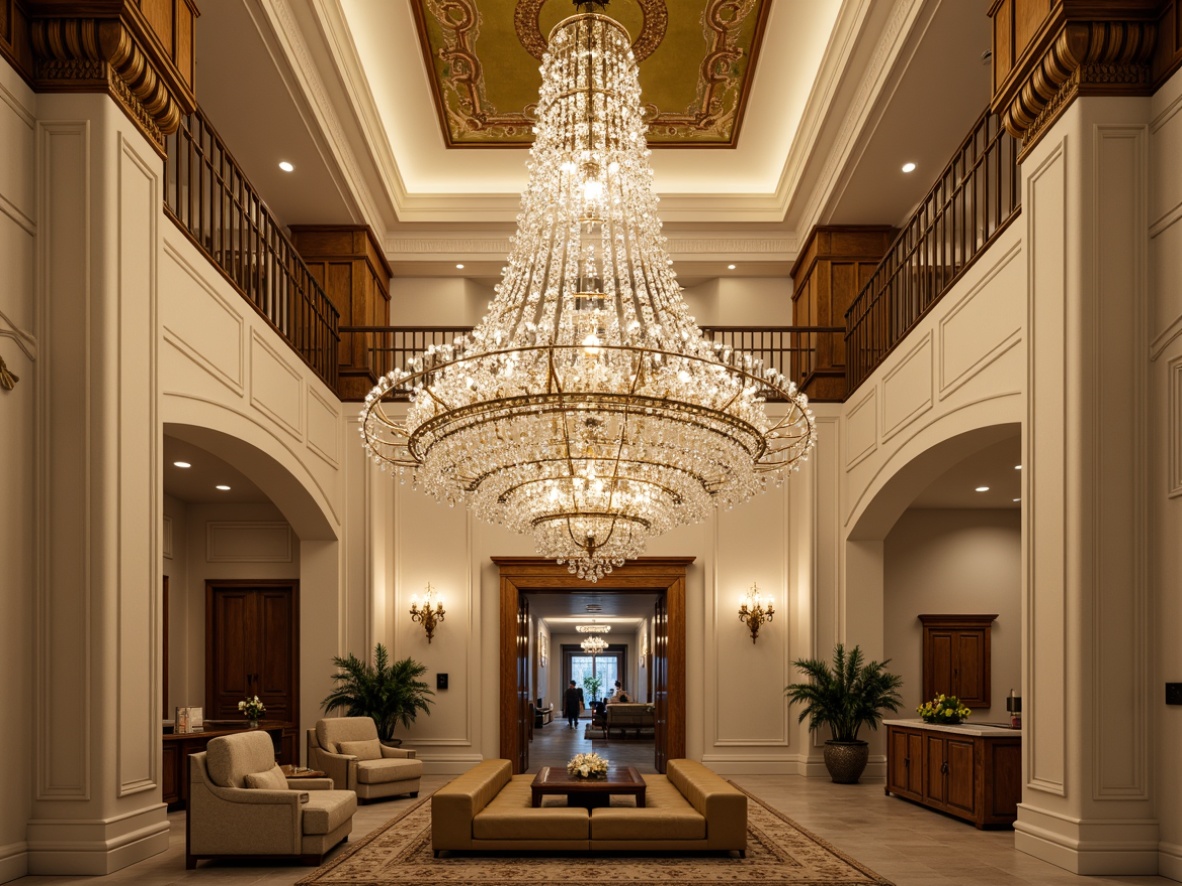 Prompt: Grand chandelier, crystal droplets, ornate metalwork, golden accents, cream-colored walls, rich wood paneling, intricate moldings, classical columns, sweeping archways, dramatic staircase, luxurious fabrics, subtle warm glow, softbox lighting, ambient illumination, symmetrical composition, 1/1 aspect ratio, realistic reflections, ornate fixtures, bronze details, elegant curves, sophisticated ambiance.