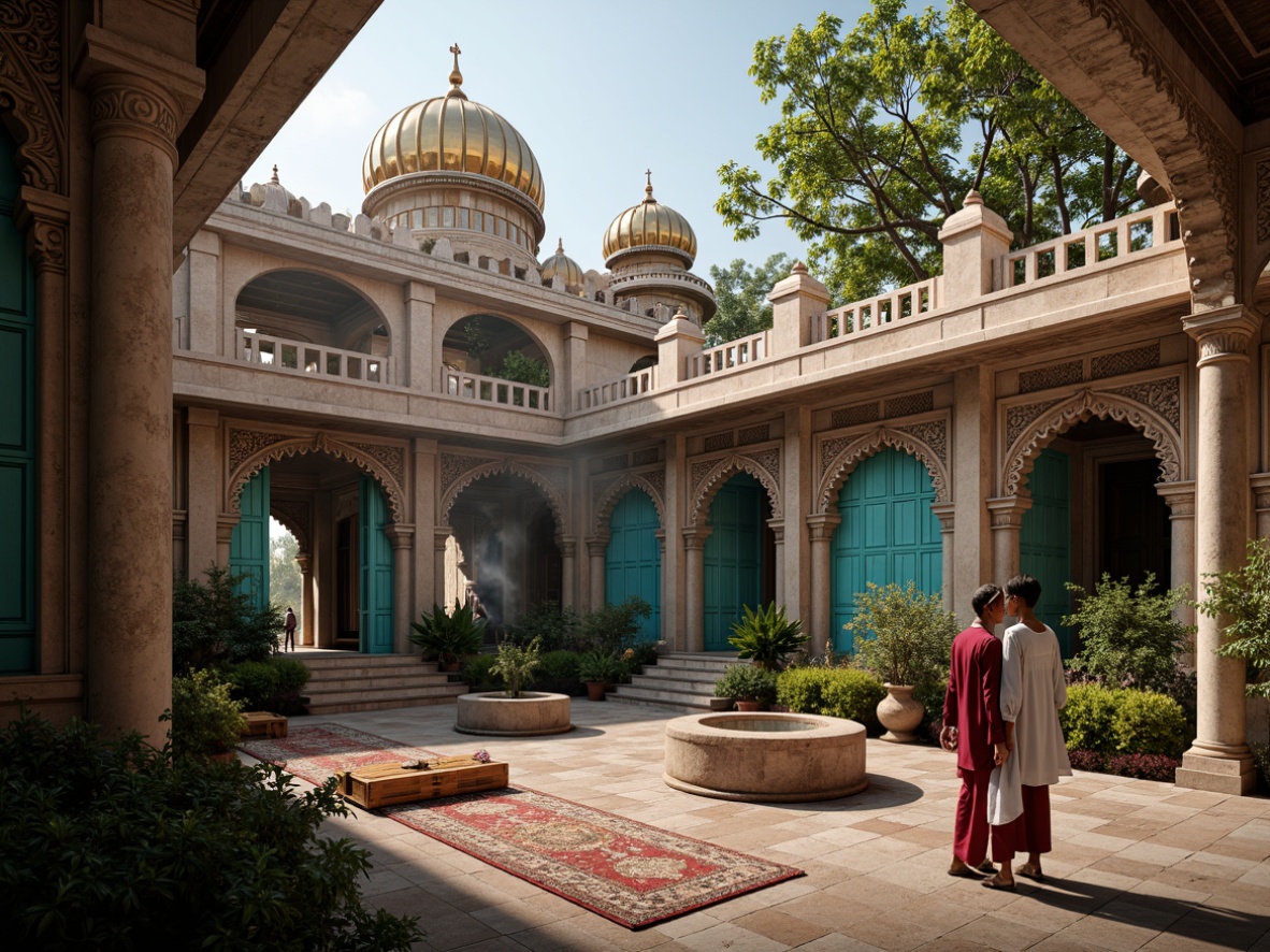 Prompt: Traditional Indian temple, intricately carved stone facades, ornate wooden doors, vibrant turquoise accents, golden domes, serene courtyard, lush greenery, delicate filigree patterns, rich velvet textiles, warm candlelight, soft incense smoke, shallow depth of field, 1/1 composition, realistic textures, ambient occlusion.