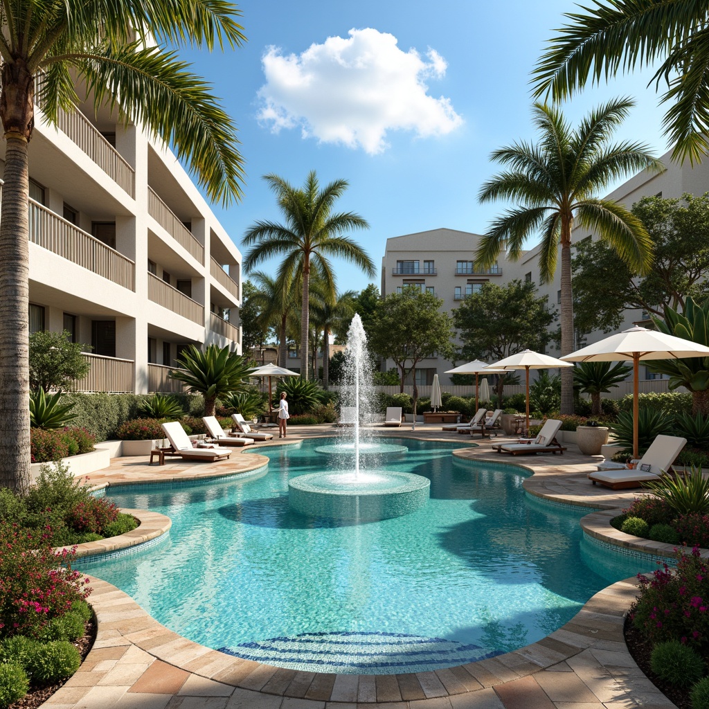 Prompt: Luxurious swimming pool, ornate fountains, mosaic tiles, metallic accents, curved lines, geometric shapes, vibrant turquoise water, sun-kissed deck, comfortable lounge chairs, umbrella tables, lush tropical plants, palm trees, warm sunny day, soft focus, shallow depth of field, 1/2 composition, symmetrical view, realistic reflections, ambient lighting.