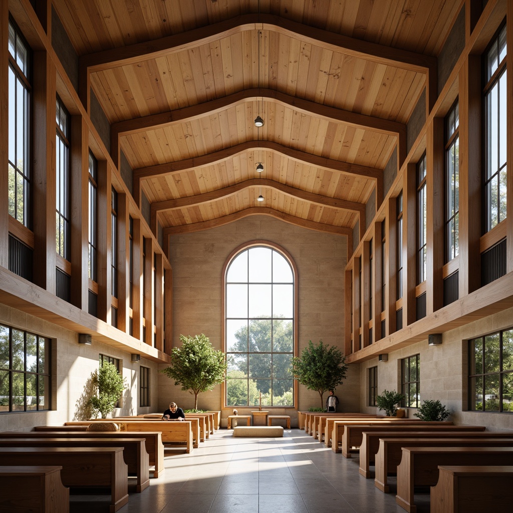 Prompt: Streamlined Moderne church, curved lines, minimalist decor, natural stone walls, wooden accents, stained glass windows, vaulted ceilings, reverberant spaces, optimized acoustic reflections, sound-absorbing materials, diffused lighting, soft warm ambiance, serene atmosphere, subtle spiritual undertones, 3/4 composition, symmetrical balance, panoramic view, realistic textures, ambient occlusion.