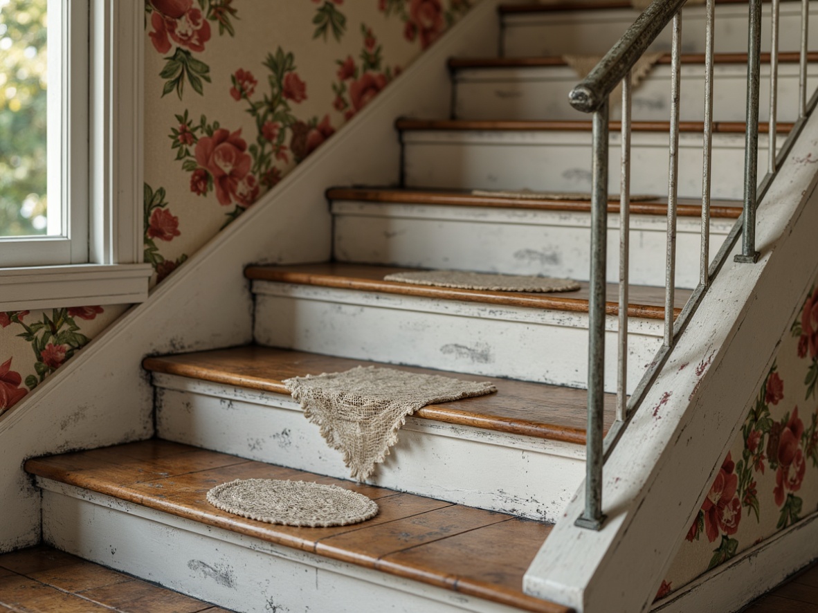 Prompt: Distressed wooden treads, soft pastel hues, vintage metal balusters, ornate newel posts, floral patterns, rustic wood textures, worn stone steps, distressed carpet runners, antique furniture pieces, natural linen upholstery, lace trimmings, subtle warm lighting, shallow depth of field, 3/4 composition, panoramic view, realistic wood grain, ambient occlusion.