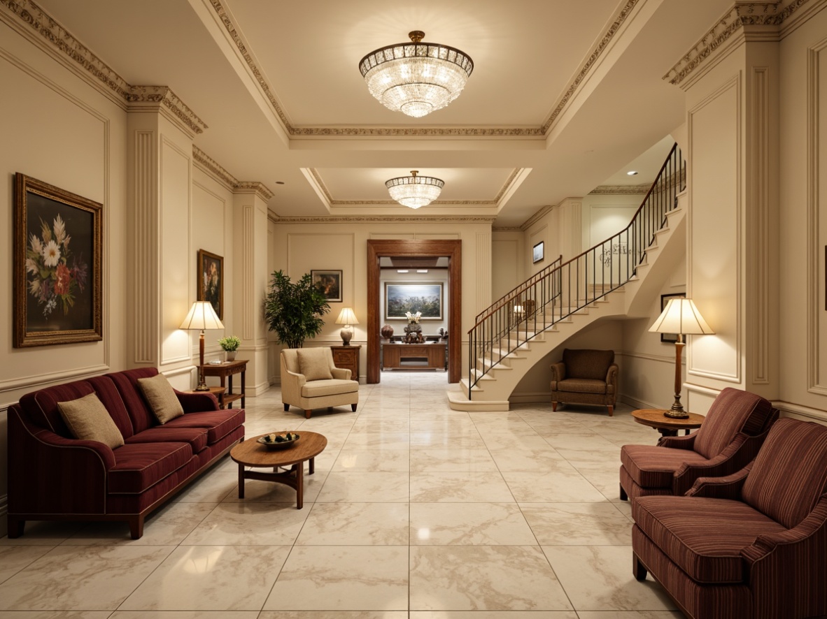 Prompt: Elegant neoclassical basement, ornate molding details, cream-colored walls, polished marble floors, crystal chandeliers, grand staircases, luxurious velvet sofas, rich wood paneling, gilded frames, intricate plasterwork, soft warm lighting, subtle shadows, 1/1 composition, realistic textures, ambient occlusion, underground atmosphere, cozy reading nooks, wine cellars, private cinemas, intimate game rooms.