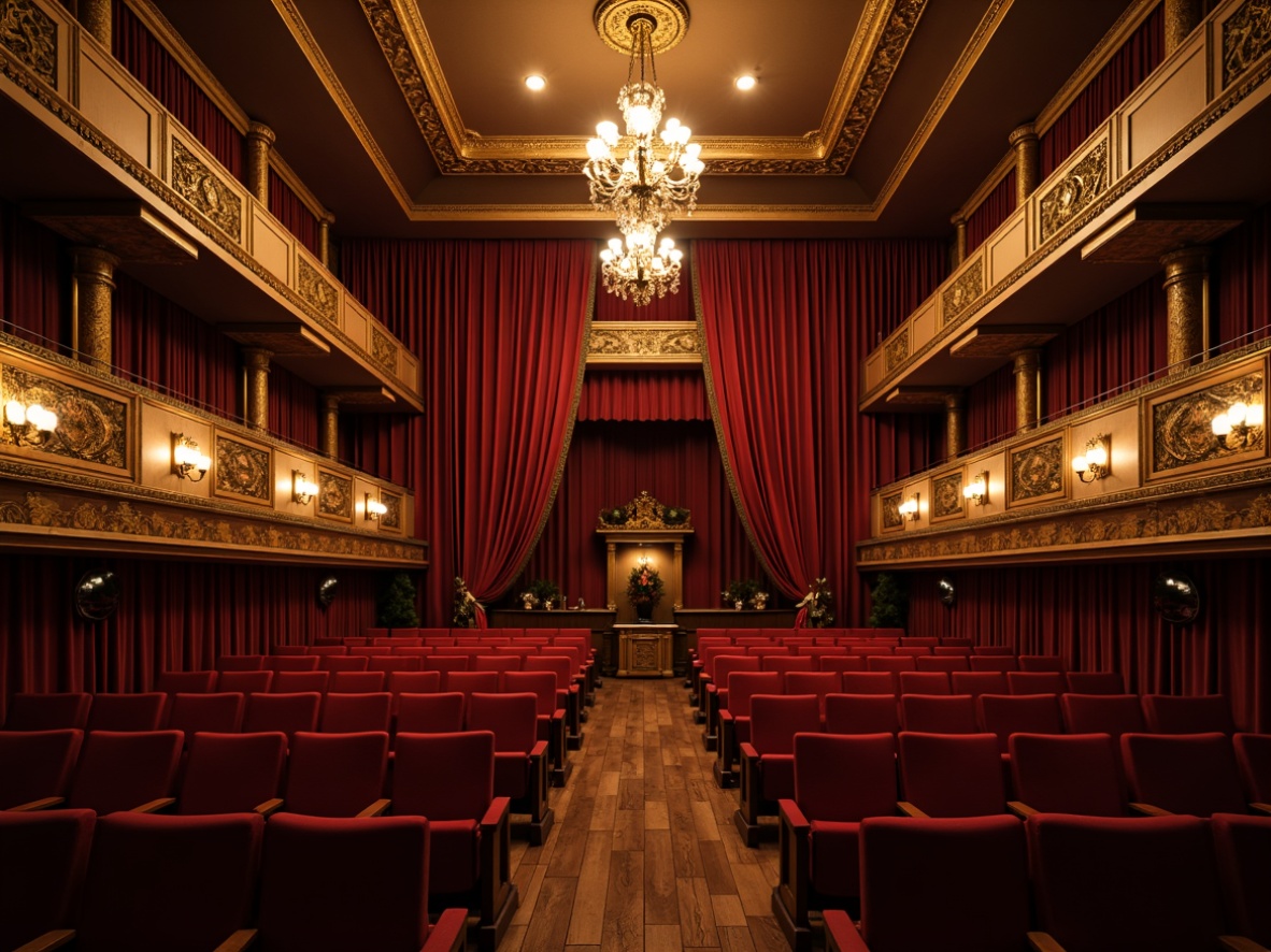 Prompt: Intimate traditional theater, ornate wooden panels, rich velvet curtains, golden balconies, grand chandeliers, soft warm lighting, shallow depth of field, 3/4 composition, realistic textures, ambient occlusion; wooden flooring, plush red seats, intricate carvings, decorative moldings, acoustic diffusers, sound-absorbing materials, precise sound reflection control, optimal reverberation time, clear audio clarity, elegant architectural details.