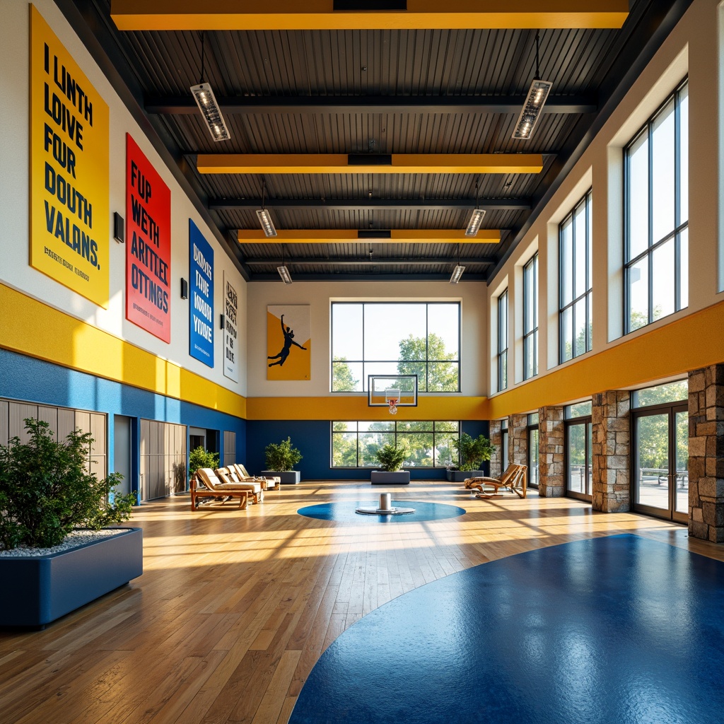 Prompt: Vibrant gymnasium interior, bold athletic colors, energetic yellow accents, deep blue tones, neutral beige walls, polished wooden floors, modern sports equipment, dynamic lighting, motivational quotes, inspirational posters, sleek metal railings, sturdy lockers, refreshing water features, natural stone columns, open spaces, high ceilings, panoramic windows, soft warm glow, shallow depth of field, 1/2 composition, realistic textures, ambient occlusion.