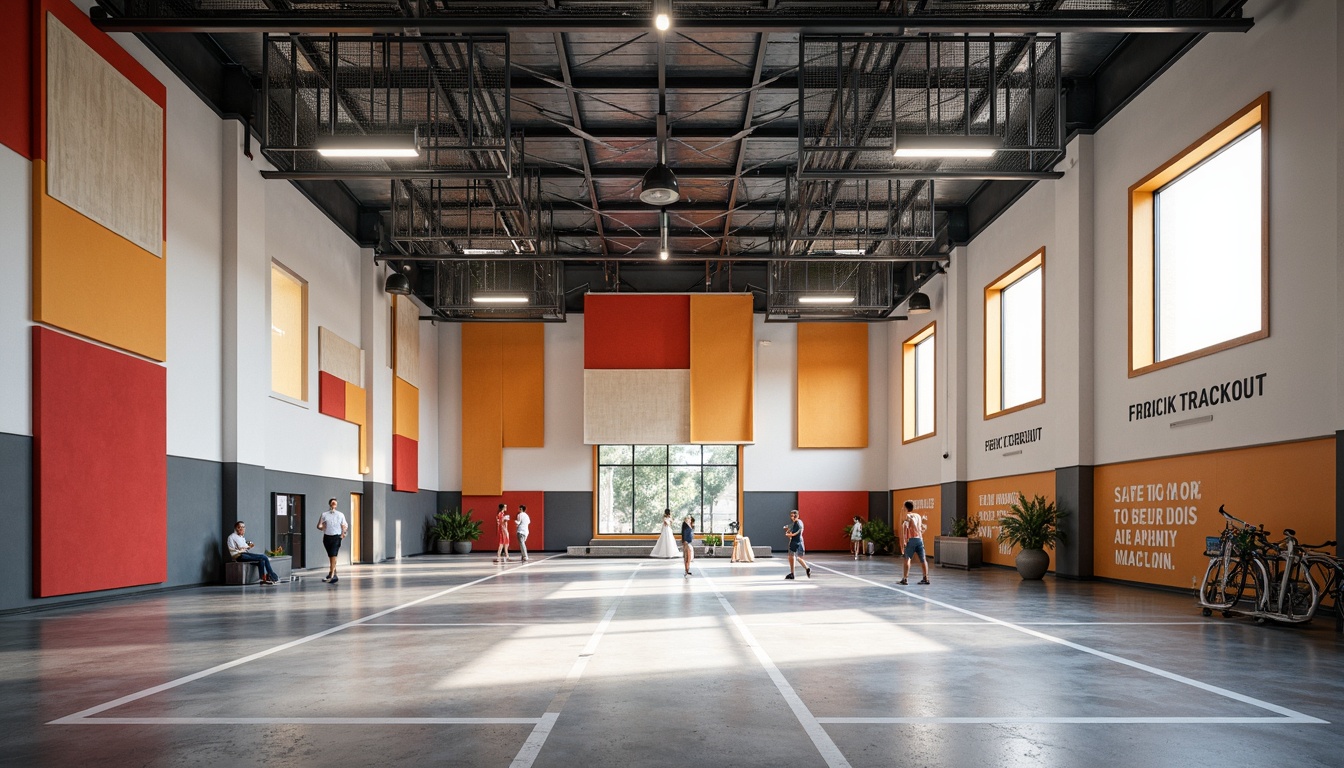 Prompt: Modern gymnasium interior, abstract geometric patterns, bold color blocking, dynamic textile installations, suspended fabric ceilings, woven mesh walls, sleek metal beams, polished concrete floors, industrial-style lighting fixtures, minimalist athletic equipment, motivational quotes, natural ventilation systems, abundant daylight, shallow depth of field, 1/1 composition, realistic textures, ambient occlusion.