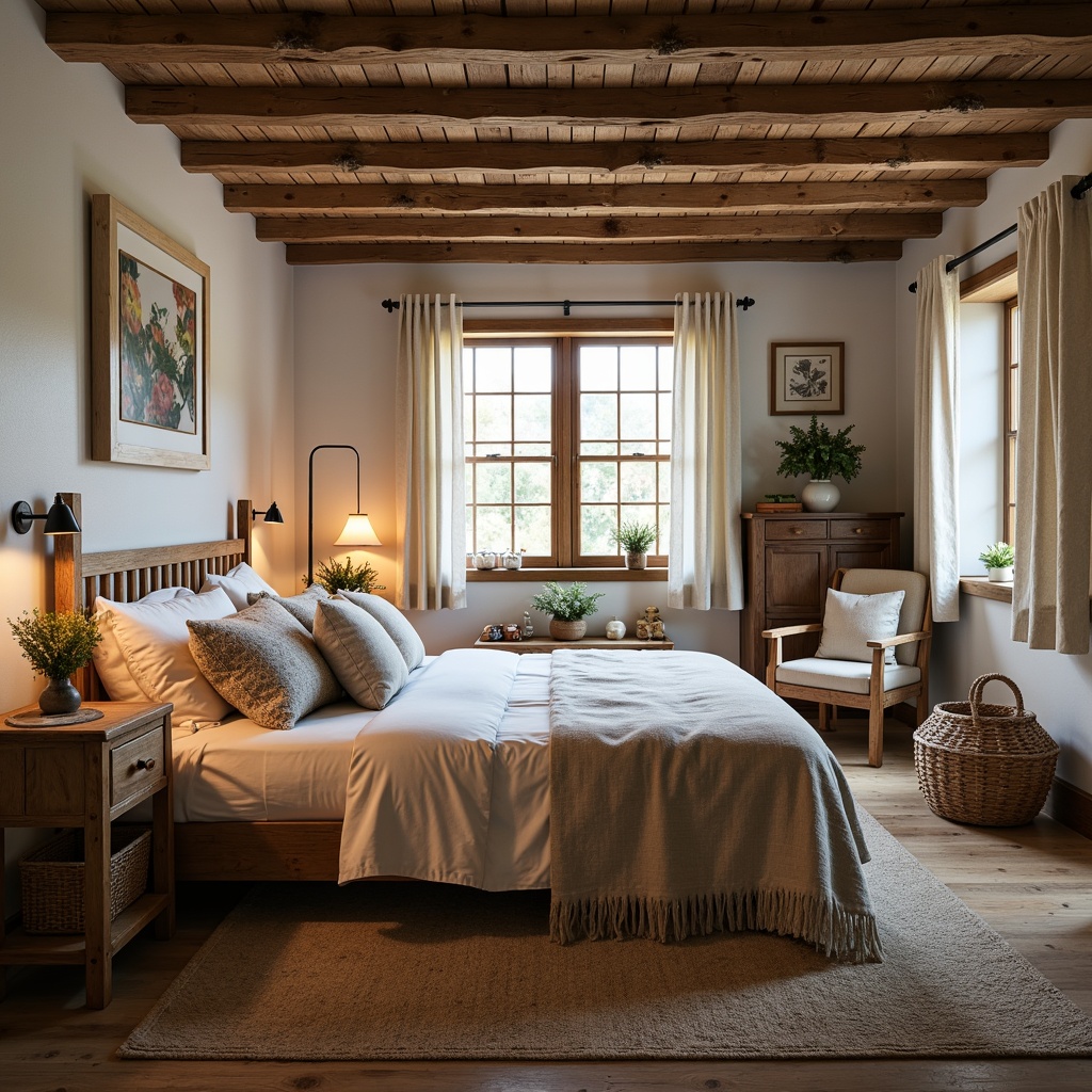 Prompt: Cozy farmhouse bedroom, plush area rug, vintage wooden furniture, distressed finishes, natural linen fabrics, soft cotton bedding, gentle lace curtains, woven baskets, earthy color palette, warm candlelight, rustic metal accents, reclaimed wood ceiling, comfortable reading nook, oversized pillows, botanical prints, floral patterns, gentle morning light, shallow depth of field, 1/1 composition, realistic textures, ambient occlusion.