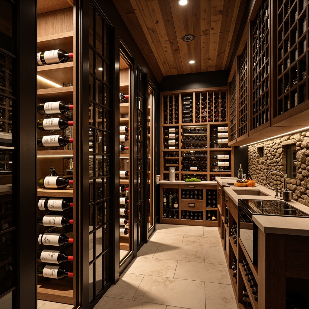 Prompt: Luxurious wine cellar, rustic stone walls, dimmed warm lighting, wooden wine racks, temperature-controlled environment, humidified air, rich wood tones, elegant glass doors, sophisticated metal shelving, premium wine collections, rare vintage bottles, soft ambient glow, shallow depth of field, 1/1 composition, realistic reflections, detailed textures.