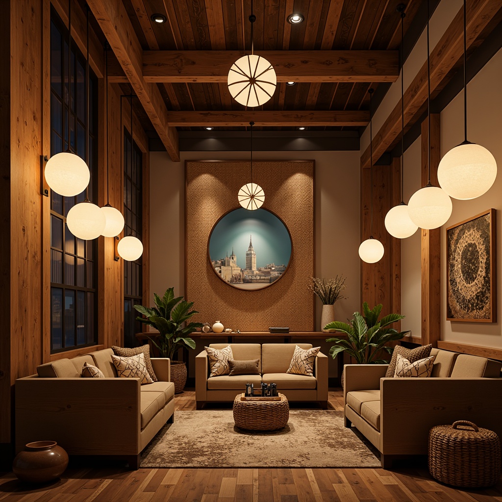 Prompt: Warm mid-century modern interior, retro-inspired lighting fixtures, pendant lamps, sputnik chandeliers, globe pendants, wooden accents, natural textiles, geometric patterns, earthy tones, organic shapes, 3/4 composition, soft warm lighting, shallow depth of field, realistic textures, ambient occlusion.