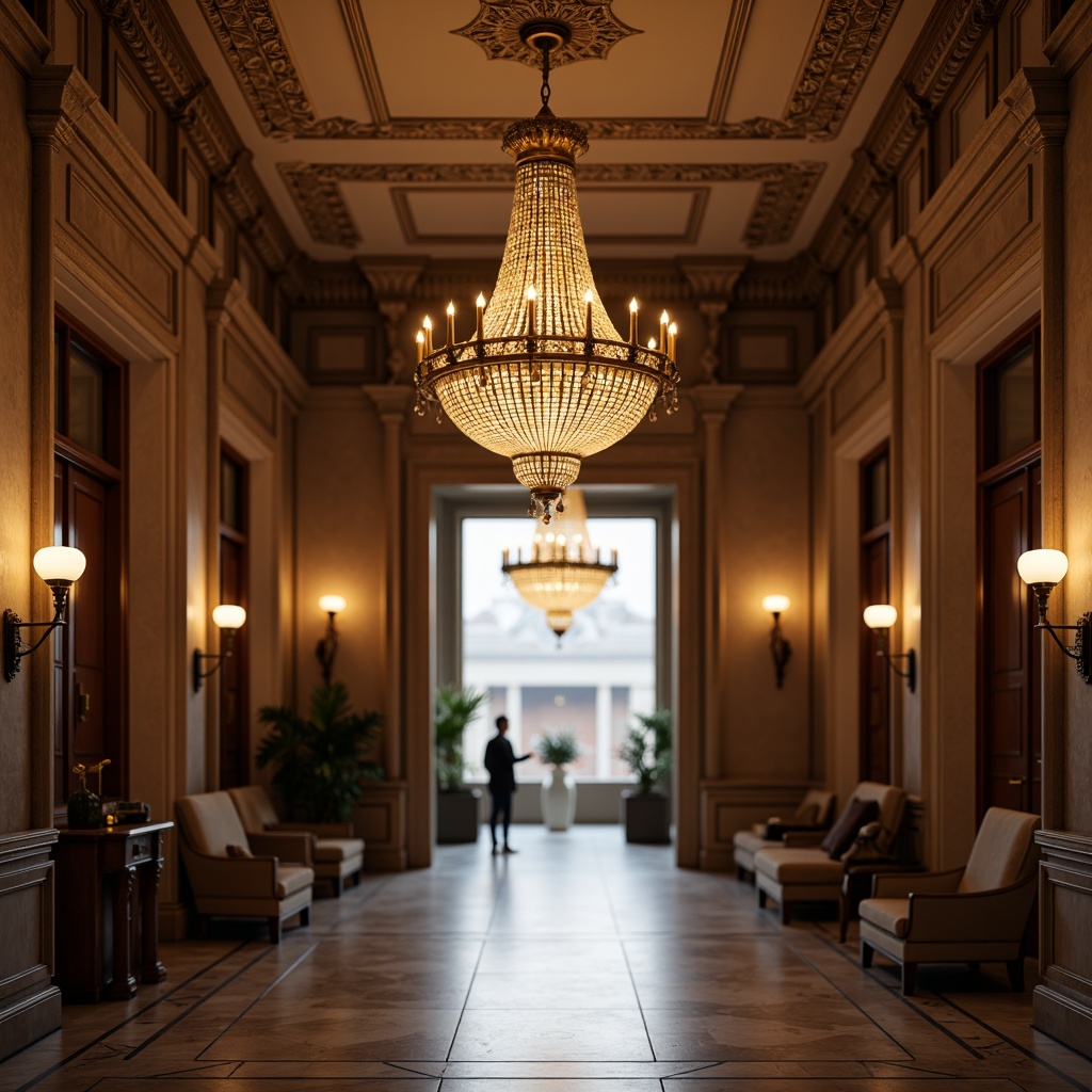 Prompt: Elegant chandelier, ornate metalwork, crystal droplets, soft warm glow, classic candlelight, grand foyer, high ceilings, marble flooring, rich wood paneling, intricate moldings, Neoclassical architectural details, stately columns, symmetrical compositions, subtle warm lighting, shallow depth of field, 1/1 composition, realistic textures, ambient occlusion.