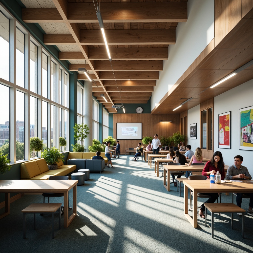 Prompt: Modern educational facility, flexible learning areas, collaborative workspaces, comfortable seating zones, interactive whiteboards, sleek wooden desks, colorful accent walls, abundant natural light, energy-efficient LED lighting, minimalist decor, functional storage units, ergonomic chairs, quiet reading nooks, stimulating artwork, soft carpeted floors, 1/2 composition, warm atmospheric lighting, realistic textures, ambient occlusion.