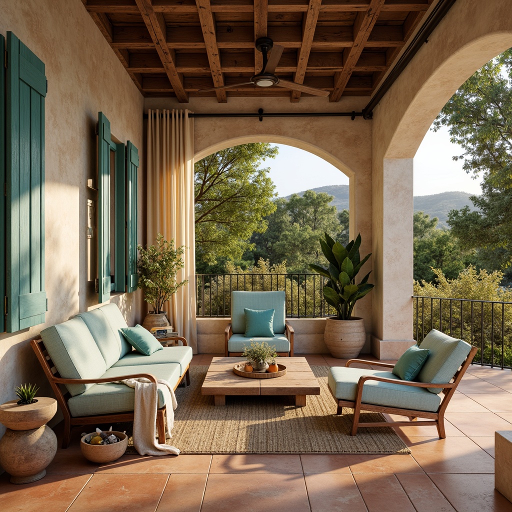 Prompt: Warm Mediterranean villa, rustic stone walls, turquoise accents, vintage wooden furniture, distressed finishes, soft linen drapes, natural woven textiles, earthy terracotta floors, creamy white archways, ornate metalwork, lush greenery, blooming flowers, warm golden lighting, shallow depth of field, 1/1 composition, realistic textures, ambient occlusion.