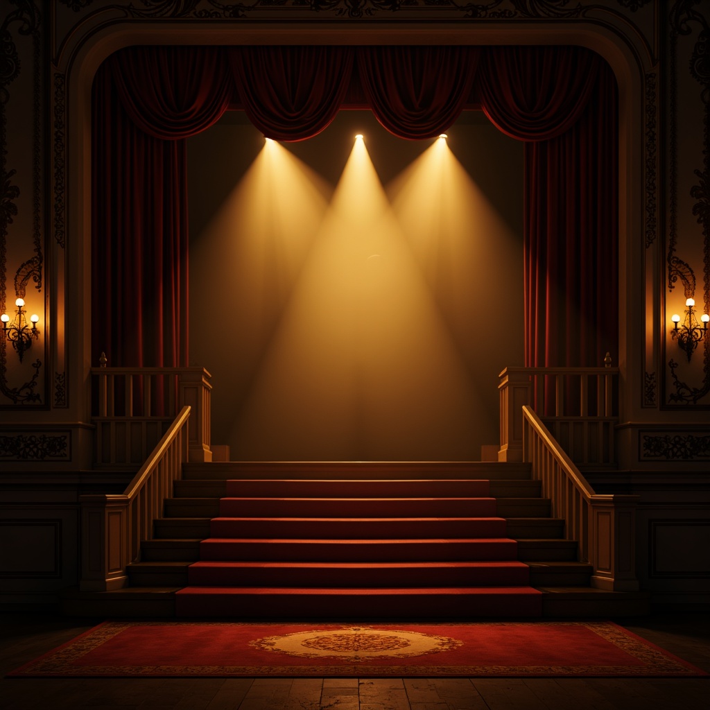 Prompt: Moody theatrical stage, dramatic spotlights, warm golden lighting, deep shadows, velvet curtains, ornate chandeliers, mysterious fog, low-key illumination, intense beam angles, cinematic flair, 3-point lighting setup, high-contrast ratios, dark mysterious ambiance, luxurious red carpet, grand staircase, opulent furnishings, regal architecture, softbox lights, sidelights, backlighting, realistic textures, ambient occlusion.