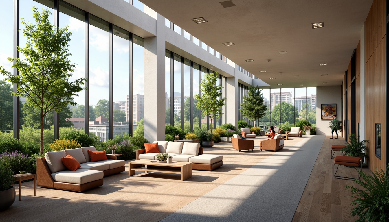 Prompt: Spacious open areas, natural ventilation, abundant greenery, comfortable seating, warm wood accents, soft carpeting, minimalist decor, floor-to-ceiling windows, panoramic views, cozy reading nooks, vibrant artwork, calming color schemes, inviting lighting, shallow depth of field, 1/1 composition, relaxed atmosphere, realistic textures, ambient occlusion.