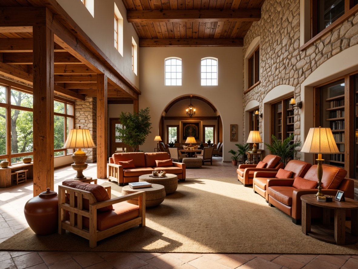 Prompt: Warm southwestern library, rustic wooden accents, earthy tones, natural stone walls, warm beige carpeting, cozy reading nooks, floor lamps with woven shades, table lamps with terracotta bases, soft warm lighting, warm color temperature, high ceilings, exposed wooden beams, clerestory windows, diffused sunlight, ambient occlusion, realistic textures, 1/1 composition, shallow depth of field, natural atmosphere.