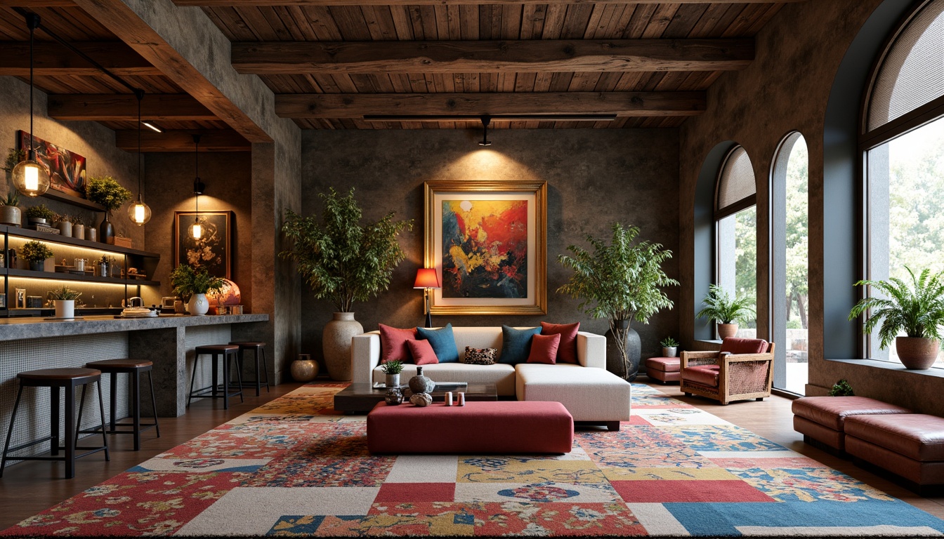 Prompt: Richly patterned rugs, bold geometric shapes, playful color blocking, distressed wood accents, industrial metal fixtures, reclaimed wooden beams, eclectic vintage furniture, ornate gilded frames, lavish velvet drapes, abstract expressionist artwork, soft warm lighting, intimate cozy nooks, oversized plush pillows, faux fur throws, polished marble countertops, decorative ceramic vases, exotic potted plants, intricate mosaic tiles, dramatic high ceilings, sweeping curved lines, 3/4 composition, realistic textures, ambient occlusion.