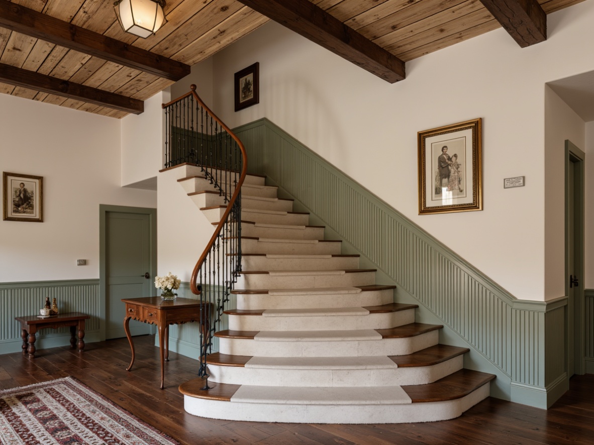 Prompt: Distressed wooden handrails, ornate metal balusters, soft pastel colors, worn stone steps, elegant curvatures, vintage-inspired newels, rustic wooden beams, natural linen upholstery, antique bronze fixtures, warm candle lighting, shallow depth of field, 1/1 composition, romantic ambiance, realistic textures, ambient occlusion.