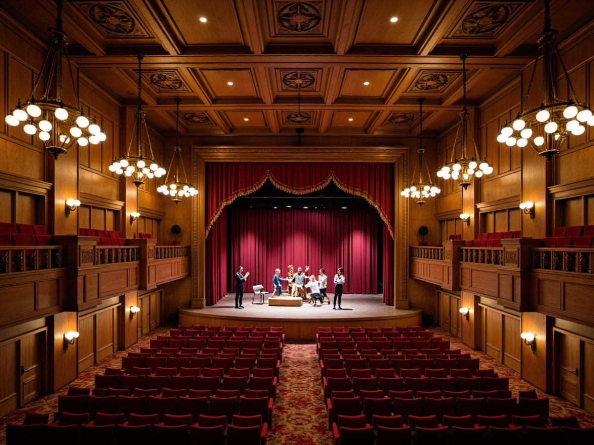 Prompt: Traditional performing arts center, ornate wooden interiors, velvet curtains, golden chandeliers, grand stages, auditorium seating, acoustic paneling, sound-absorbing materials, diffusers, bass traps, precise sound calibration, warm intimate ambiance, subtle lighting, rich wood tones, intricate carvings, cultural heritage, historic preservation, soft plush carpets, elegant architectural details, ornamental ceilings, refined atmosphere, precise acoustic analysis, 3D audio simulation, realistic sound reproduction, immersive audience experience.