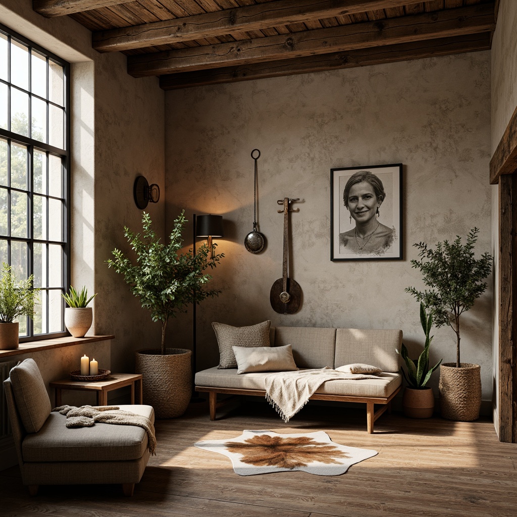 Prompt: Rustic farmhouse interior, distressed wood accents, vintage metal decorations, natural linen textiles, earthy tone color palette, woven baskets, potted plants, animal hide rugs, reclaimed wood furniture, cozy throw blankets, warm candle lighting, soft focus, shallow depth of field, 2/3 composition, inviting atmosphere, organic textures, subtle ambient occlusion.