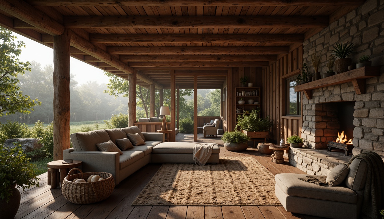 Prompt: Rustic cabin, wooden beams, natural textures, earthy tones, cozy atmosphere, warm lighting, crackling fireplace, plush furniture, woven baskets, vintage decor, wooden accents, traditional architecture, countryside setting, dense forest surroundings, misty morning, soft focus, shallow depth of field, 1/1 composition, realistic wood grain, ambient occlusion.